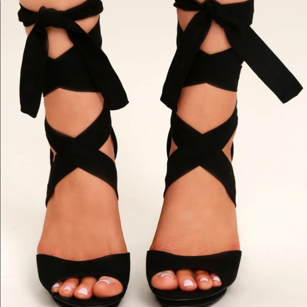 Black suede lace up platform heels